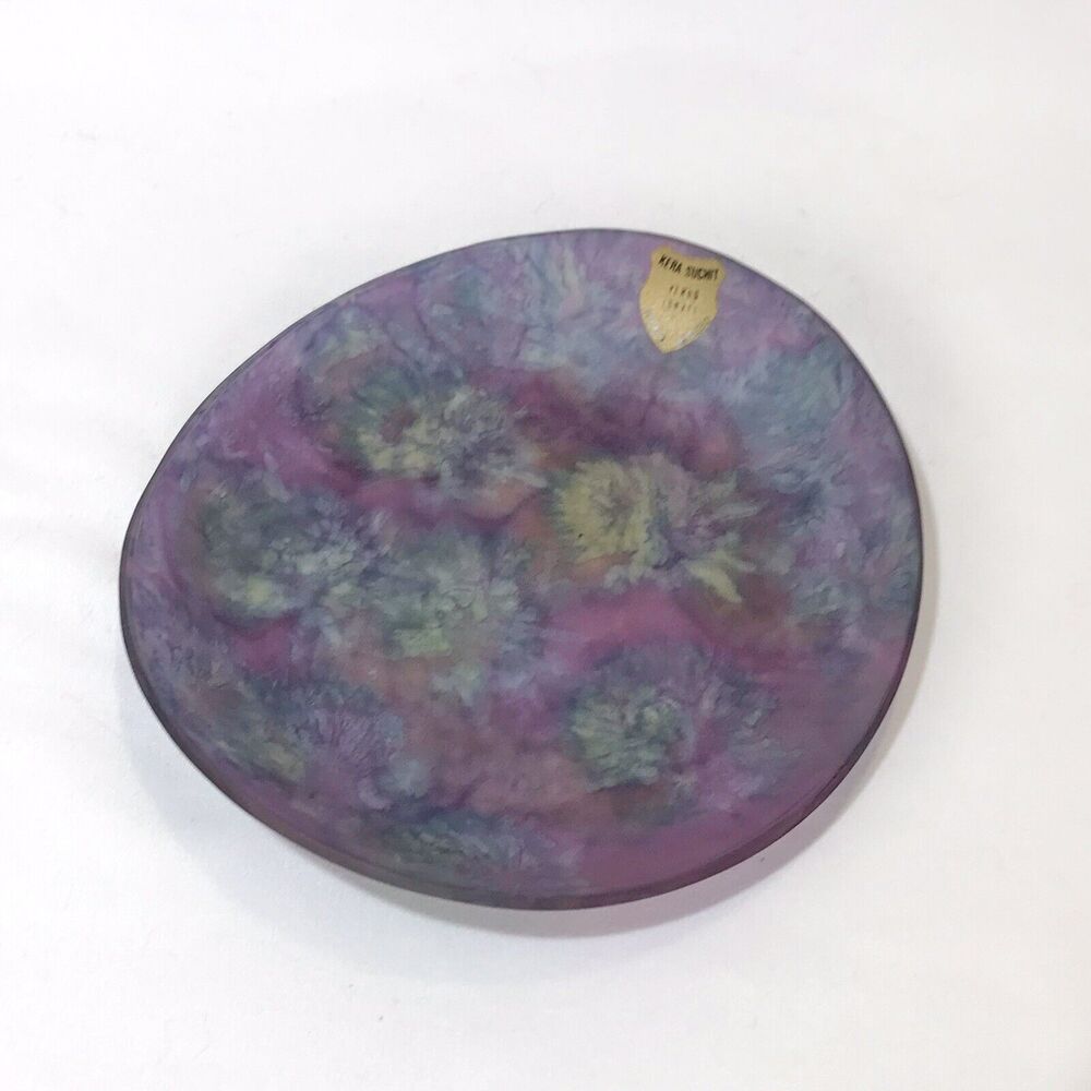 VTG Kera Suchit Israeli Hand Painted Abstract Art Glass Trinket Dish 5.25”